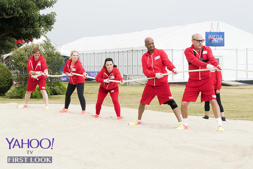 <p>Team TV Sitcoms put on their game faces for tug-of-war.<br><br>(Photo Credit: Kelsey McNeal/ABC) </p>