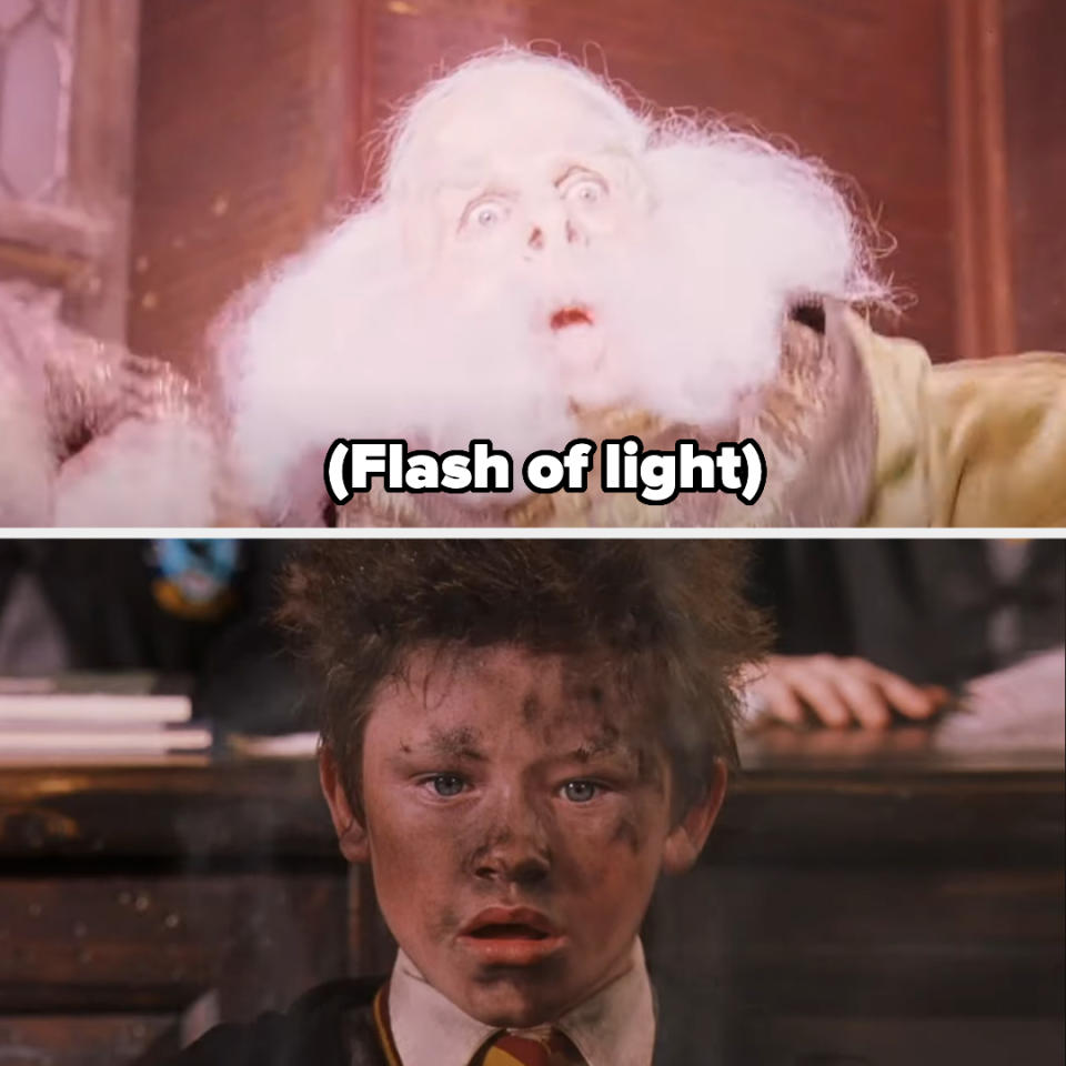 Top: a stunned wizard with white hair and beard, flash of light. Bottom: a student wizard, face covered in soot, looks shocked, sitting at a desk