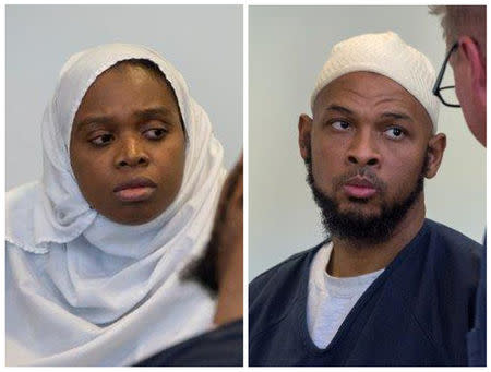 FILE PHOTO: A combination photo shows defendants Jany Leveille (L) and Siraj Ibn Wahhaj during a hearing in Taos District Court in Taos County, New Mexico, U.S., August 29, 2018. Eddie Moore/Pool via REUTERSREUTERS/File Photos