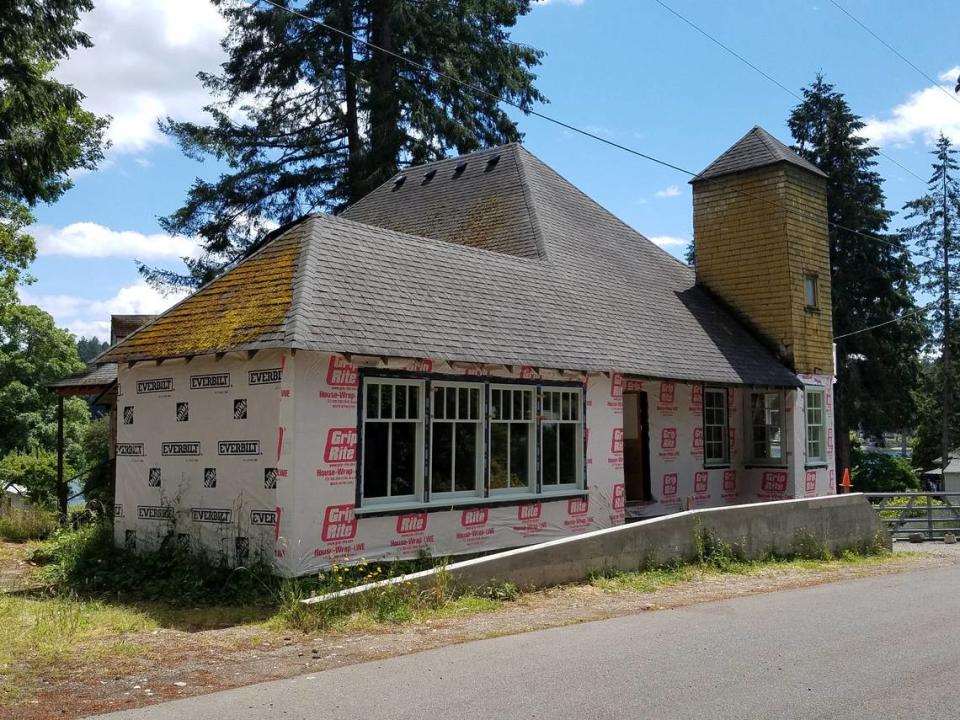 The Vaughn Library Hall with its new windows, awaiting siding. (July, 2020)