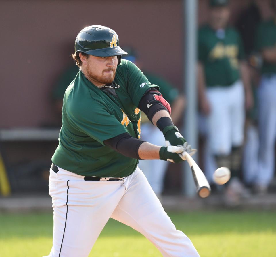 Avon's Reese Gregory makes contact with a pitch Wednesday, July 13, 2022, at Schneider Field in St. Joseph.