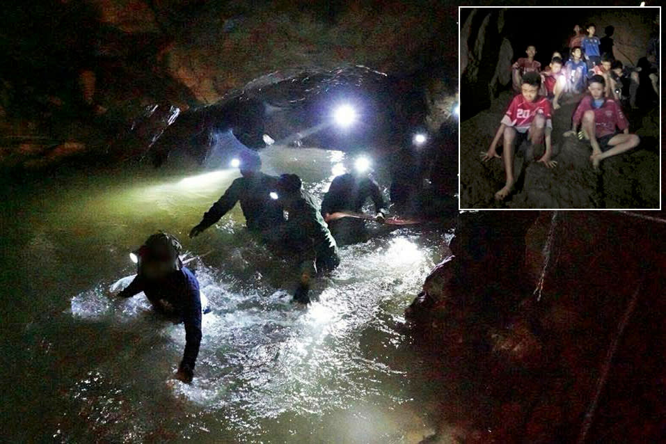 Rescuers work to save the trapped Wild Boards soccer team this summer in Mae Sai, Thailand. Inset: The boys in their chamber deep in the cave.