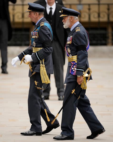 LONDON, ENGLAND - SEPTEMBER 19: Duke of Kent, Prince Edward and Prince Michael of Kent arrive at Westminster Abbey ahead of The State Funeral of Queen Elizabeth II on September 19, 2022 in London, England. Elizabeth Alexandra Mary Windsor was born in Bruton Street, Mayfair, London on 21 April 1926. She married Prince Philip in 1947 and ascended the throne of the United Kingdom and Commonwealth on 6 February 1952 after the death of her Father, King George VI. Queen Elizabeth II died at Balmoral Castle in Scotland on September 8, 2022, and is succeeded by her eldest son, King Charles III.  (Photo by Anthony Devlin/Getty Images)