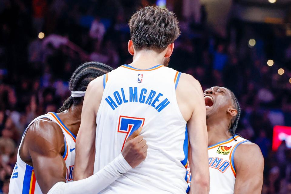 Chet Holmgren (7) is participating in NBA All-Star Weekend in Indianapolis with Thunder teammates Shai Gilgeous-Alexander (left) and Jalen Williams (right).