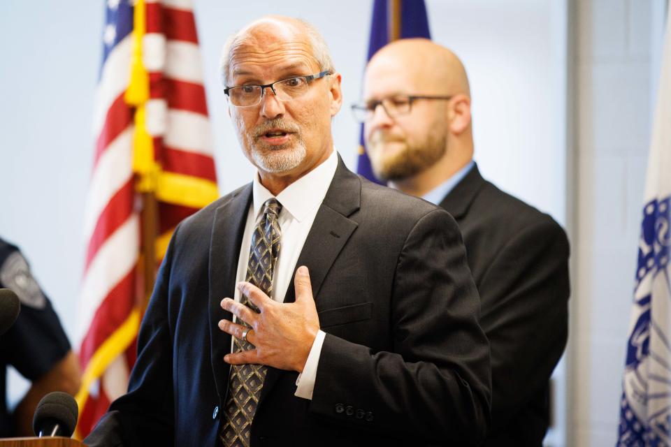 St. Joseph County Prosecuting Attorney Kenneth Cotter address media during a press conference at the Mishawaka Police Department on Thursday, June 27, 2024, in Mishawaka. Cotter announced at the press conference that the officer involved shooting on June 11 that lead to the death of civilian John Neiswender was legally justified.