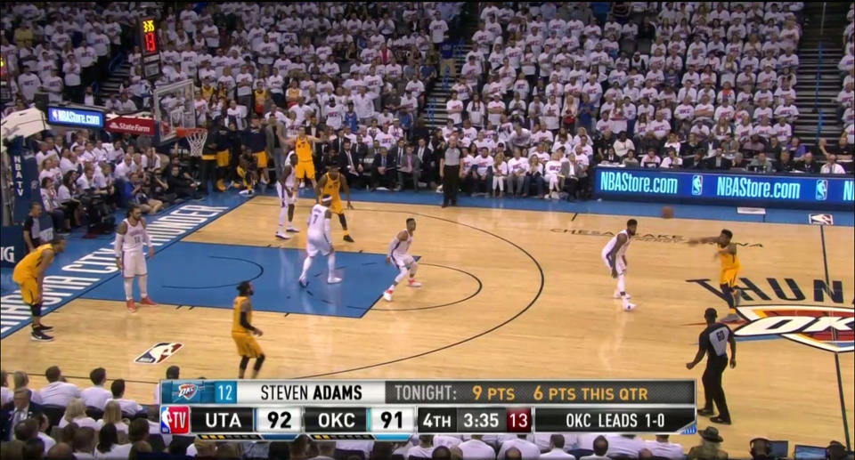 Russell Westbrook leaves Ricky Rubio alone at the 3-point arc in the fourth quarter of Game 2, again. (Screencap via NBA)