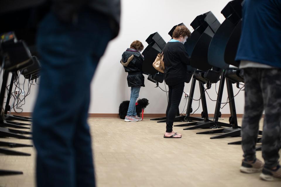 Oct 18, 2022; Columbus, OH, USA; Suzanne Mahon, of Reynoldsburg, votes with her dog Maddie, at her side  during early voting at the Franklin County Board of Elections.