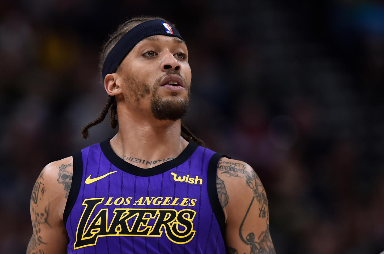 SALT LAKE CITY, UT - JANUARY 11: Michael Beasley #11 of the Los Angeles Lakers looks on in a NBA game against the Utah Jazz at Vivint Smart Home Arena on January 11, 2019 in Salt Lake City, Utah. NOTE TO USER: User expressly acknowledges and agrees that, by downloading and or using this photograph, User is consenting to the terms and conditions of the Getty Images License Agreement. (Photo by Gene Sweeney Jr./Getty Images)