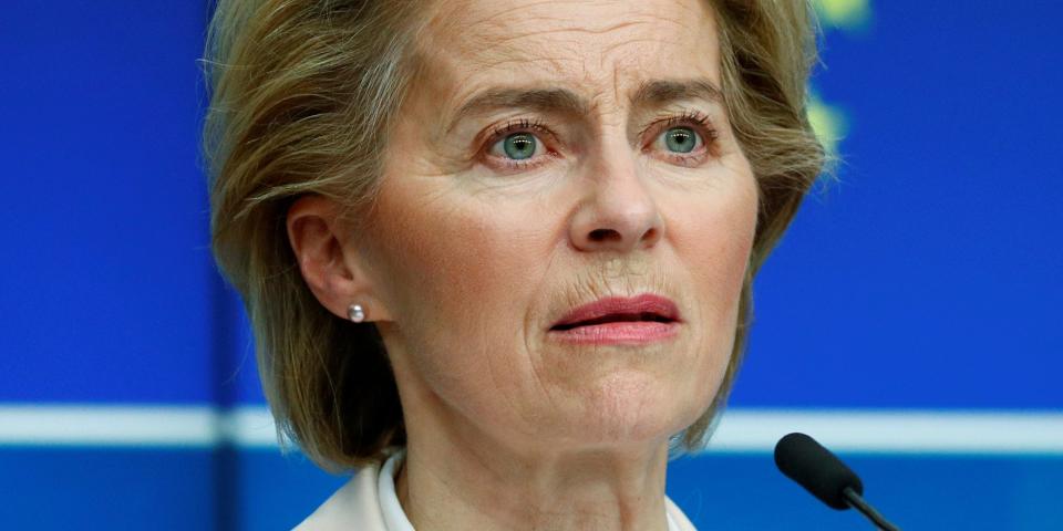 FILE PHOTO: European Commission President Ursula von der Leyen holds a news conference in Brussels, Belgium, March 9, 2020. REUTERS/Francois Lenoir