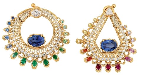 Dior yellow gold, diamond, sapphire, ruby, emerald, tsavorite garnet, pink, orange, yellow and purple sapphire and Paraiba-type tourmaline Dentelle Satin earrings