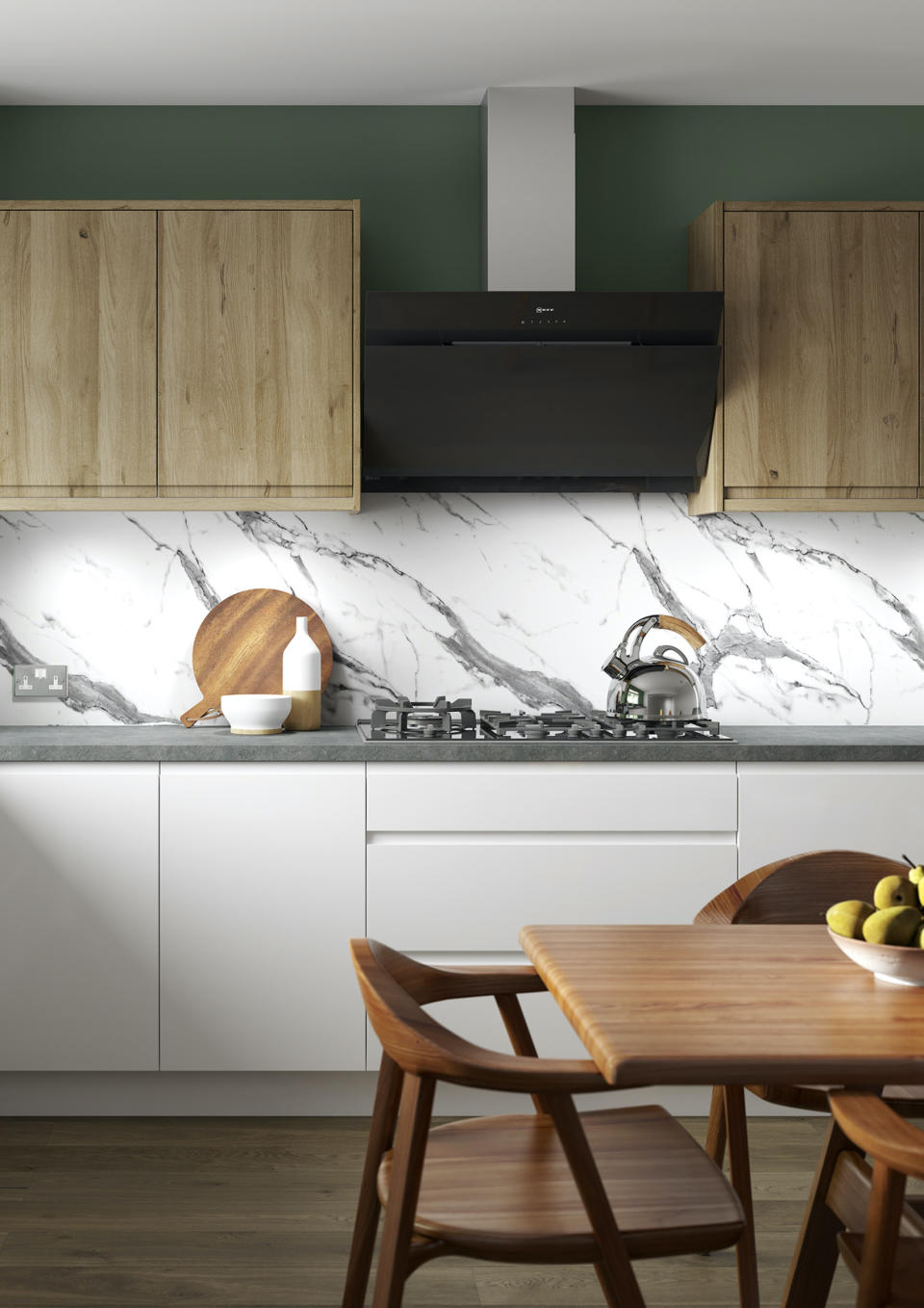 13. Soften white cabinetry with wood and marble