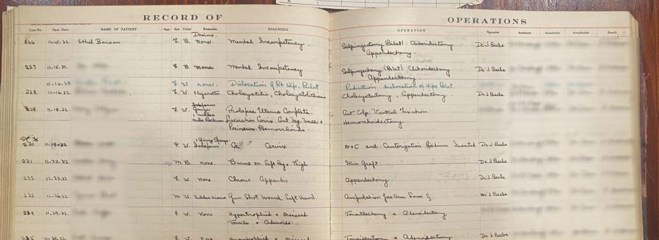 A Beebe Record of Operations book, located at the Lewes Historical Society, which shows Ethel Benson was one of 182 people to be sterilized at Beebe Hospital from 1929 to 1938.