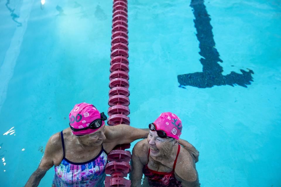 Maurine Kornfeld and Lynda Leopold, 73 laughs during practice.