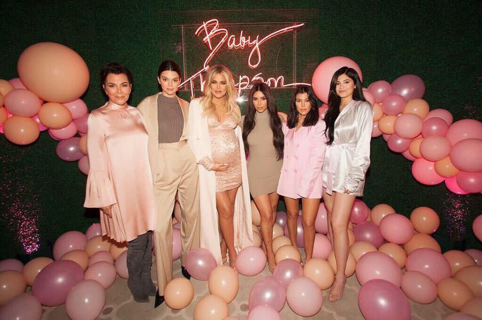 Kris Jenner, Kendall Jenner, Khloe, Kim and Kourtney Kardashian and Kylie Jenner pose for a photo at Khloe's baby shower. Source: Instagram/khloekardashian