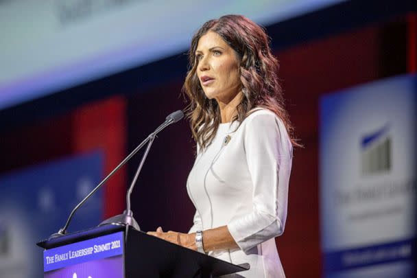 PHOTO: In this July 16, 2021, file photo, Kristi Noem, governor of South Dakota, speaks during the Family Leader summit in Des Moines, Iowa. (Bloomberg via Getty Images, FILE)