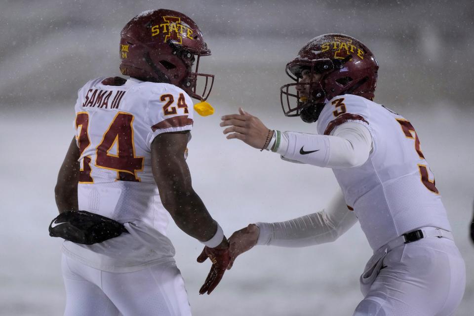 Iowa State running back Abu Sama (24) celebrates with quarterback Rocco Becht (3) after scoring a touchdown during the Cyclones' win over Kansas State on Saturday. Sama had one of the best rushing performances in Iowa State history.