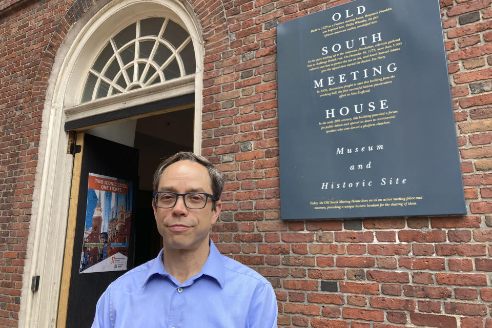 Nathaniel Sheidley, president and CEO of Revolutionary Spaces, stands outside the Old South Meeting House in Boston, Thursday, June 29, 2023, the site of the tax protests that led to the Boston Tea Party in 1773. Sheidley said that for the country’s founding generation, patriotism meant the sacrifice of one’s own individual interest in the service of something larger like the country or the common good. The hallmark of patriotism, he said, was caring more about one’s neighbor and fellow community members that one’s self. (AP Photo/Steve LeBlanc)
