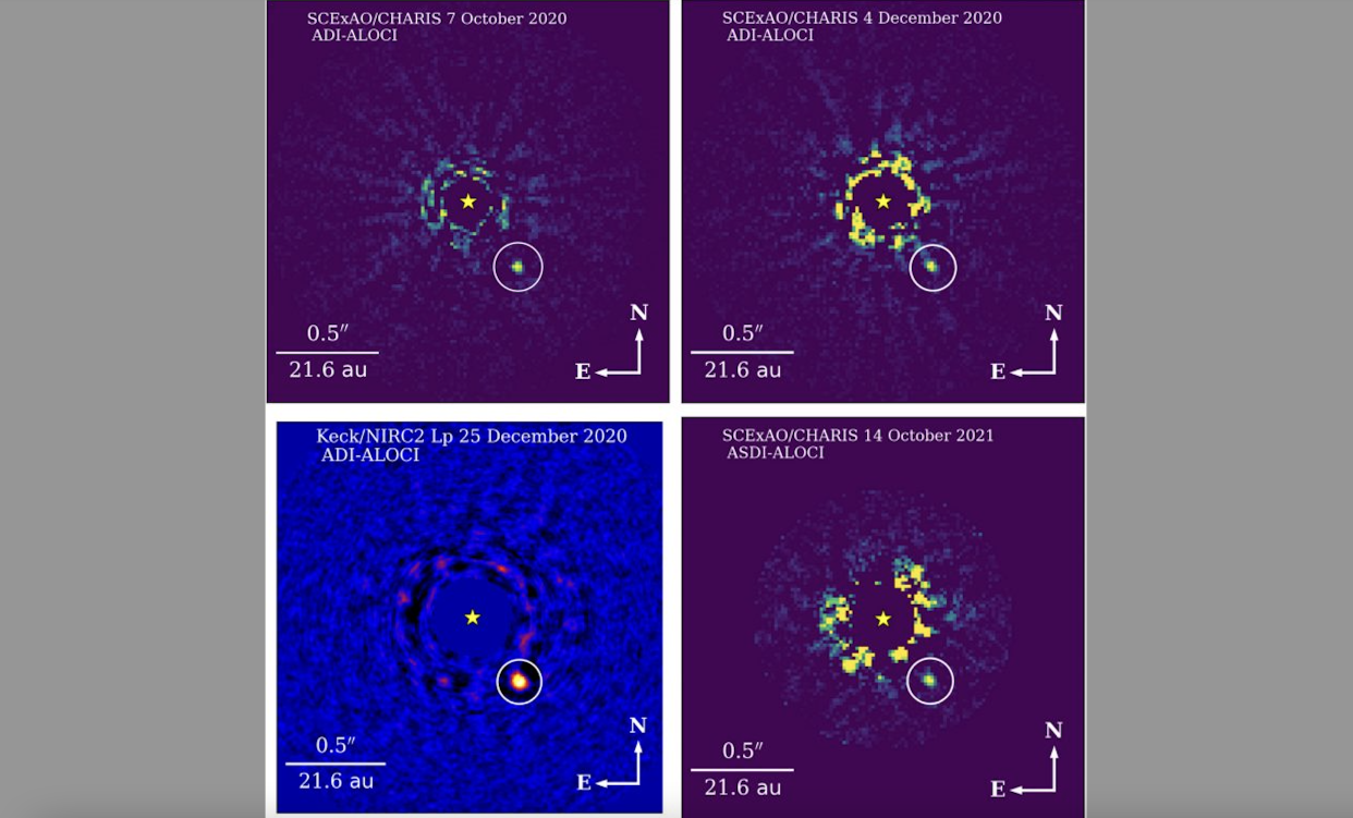  Four direct images of the brown dwarf HIP 21152 B captured using the Subaru Telescope and Keck Observatory. The brown dwarf lies in the Hyades cluster, about 150 light-years from Earth.  