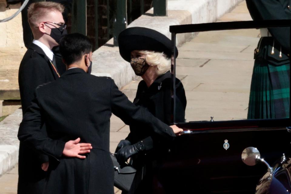 Camilla, Duchess of Cornwall arrives for the funeral of Britains Prince Philip inside Windsor Castle in Windsor, England.