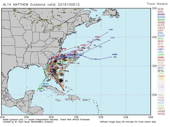 Hurricane Matthew "spaghetti plot" showing different forecast tracks from computer model runs on Oct. 5, 2016.