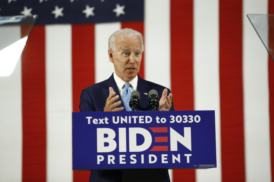 Democratic presidential candidate, former Vice President Joe Biden, speaks Tuesday, June 30, 2020, in Wilmington, Del. (AP Photo/Patrick Semansky)