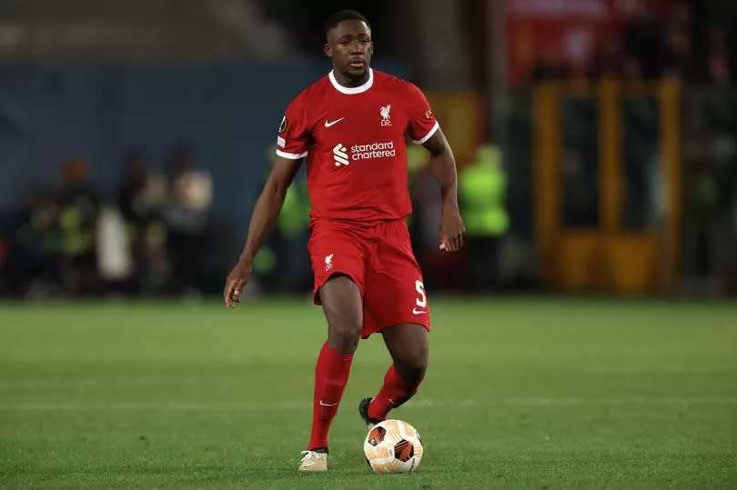 Ibrahima Konate of Liverpool FC during the UEFA Europa League 2023/24 Quarter-Final second leg match between Atalanta and Liverpool FC at Stadio di Bergamo on April 18, 2024 in Bergamo, Italy.