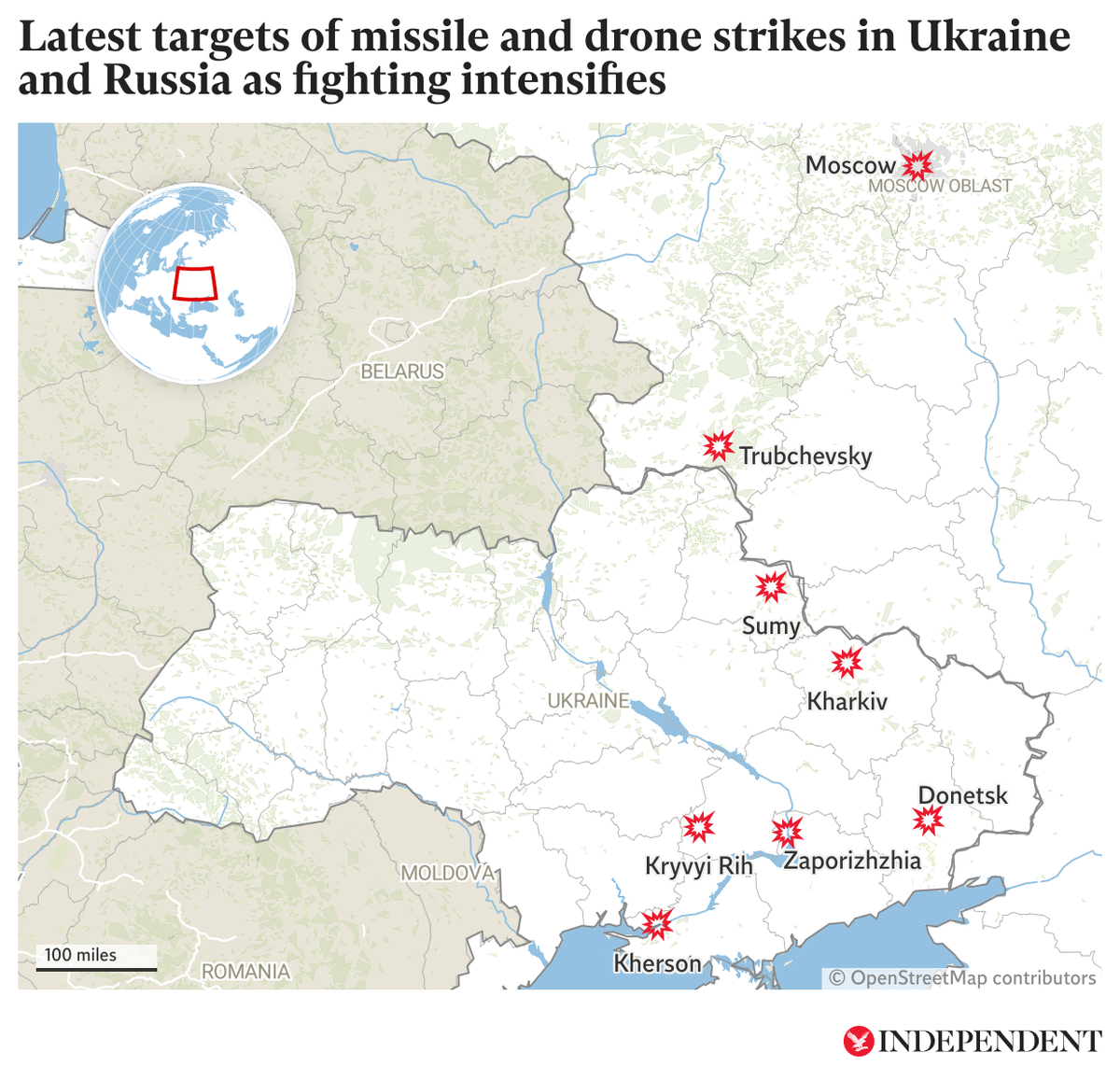 The cities hit by strikes in both Ukraine and Russia in late July and August 2023 (The Independent/Datawrapper)