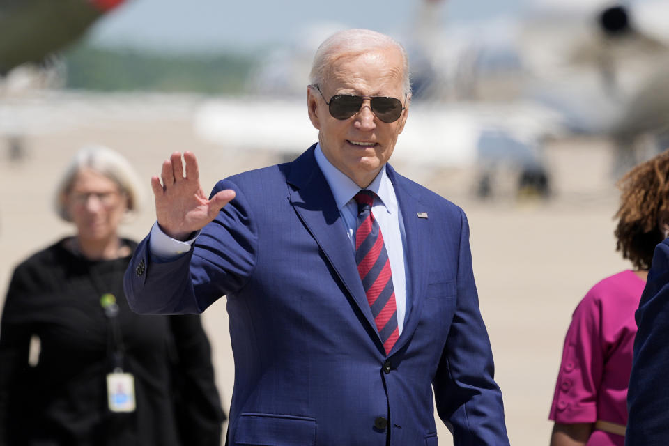 President Joe Biden waves as he walks to board Air Force One, Thursday, May 2, 2024, at Andrews Air Force Base, Md. Biden is going to North Carolina. (AP Photo/Alex Brandon)