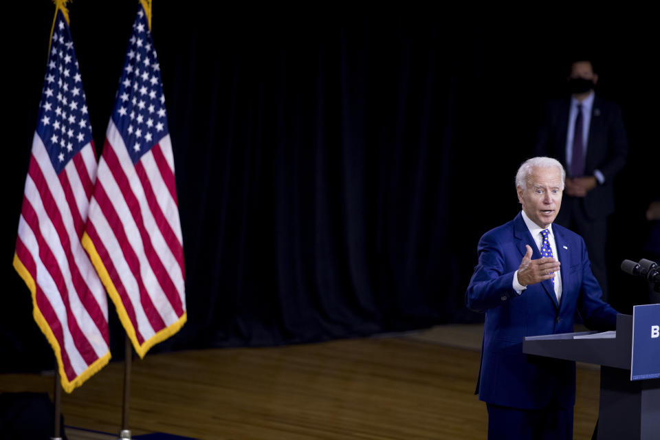 Democratic presidential candidate former Vice President Joe Biden speaks at a campaign event at the William "Hicks" Anderson Community Center in Wilmington, Del., Tuesday, July 28, 2020.(AP Photo/Andrew Harnik)