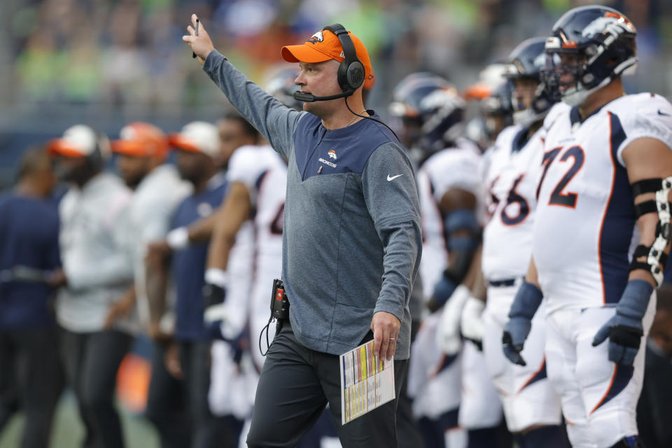 Denver Broncos head coach Nathaniel Hackett was in the spotlight after Monday night's loss. (AP Photo/John Froschauer)