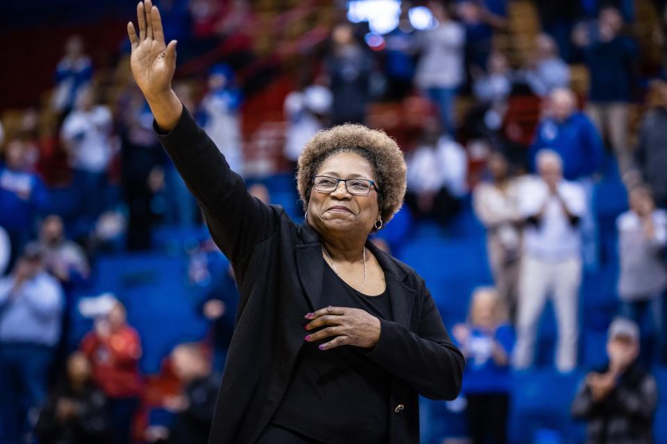 Former Kansas women's basketball coach Marian Washington is recognized during a Nov. 20, 2022 game between KU and UTRGV inside Allen Fieldhouse.