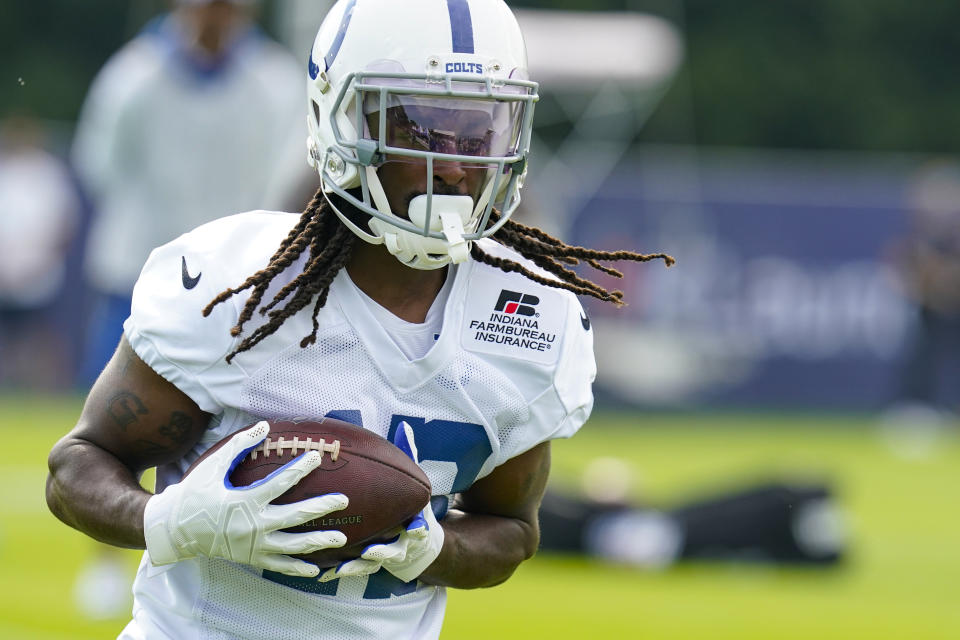 Indianapolis Colts wide receiver T.Y. Hilton runs a drill during practice at the NFL team's football training camp in Westfield, Ind., Wednesday, July 28, 2021. (AP Photo/Michael Conroy)