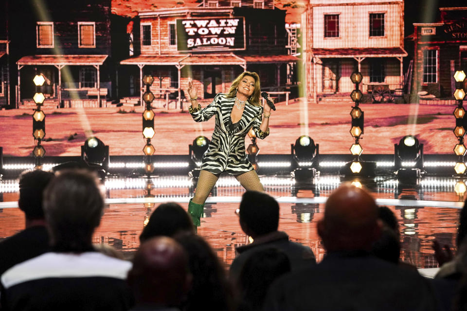 This image provided by CBS shows Shania Twain during an episode of the television game show "Superfan." (Sonja Flemming/CBS via AP)