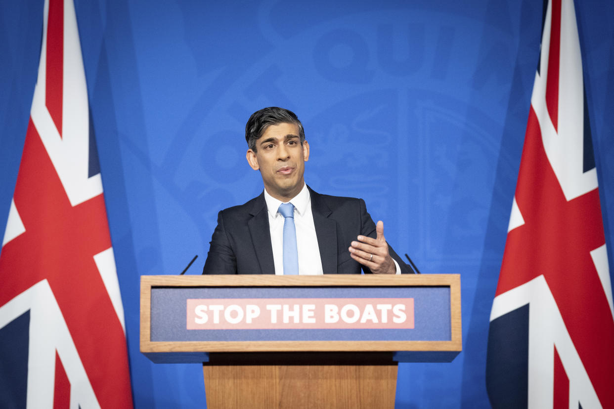 Britain's Prime Minister Rishi Sunak speaks during a press conference in Downing Street in London, Thursday Jan. 18, 2024. (Stefan Rousseau/Pool Photo via AP)