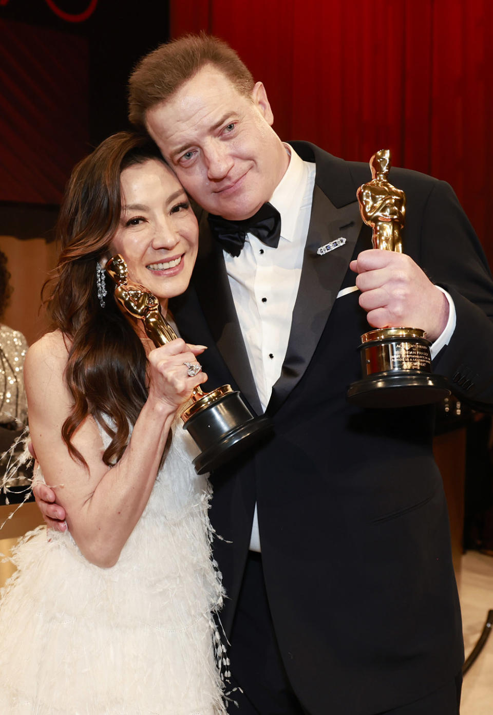 (L-R) Michelle Yeoh, winner of the Best Actress in a Leading Role award for "Everything Everywhere All At Once," and Brendan Fraser, winner of the Best Actor in a Leading Role award for "The Whale", attend the Governors Ball during the 95th Annual Academy Awards at Dolby Theatre on March 12, 2023 in Hollywood, California.