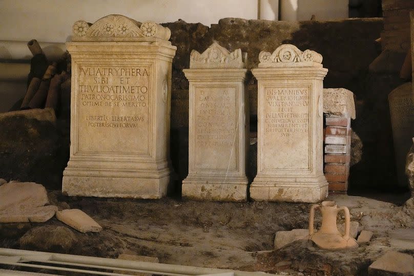 Tomb stones are displayed inside an ancient necropolis along the via triumphalis, an archaeological area containing a Roman burial ground.