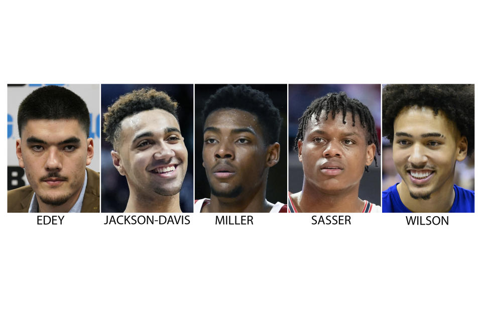 FILE - From left are NCAA college basketball players Zach Edey, Purdue; Trayce Jackson-Davis, Indiana; Brandon Miller, Alabama; Marcus Sasser, Houston and Jalen Wilson, Kansas. Purdue’s Zach Edey and Indiana’s Trayce Jackson-Davis have given the Big Ten Conference a third straight year with multiple first-team Associated Press All-America picks. Kansas had a second straight first-teamer in Jalen Wilson. The 7-foot-4 Edey appeared on all 58 ballots as a first-team selection from AP Top 25 voters. He was the lone unanimous pick in results released Tuesday, March 14, 2023. Houston’s Marcus Sasser and Alabama’s Brandon Miller were also first-team picks. (AP Photo/File)