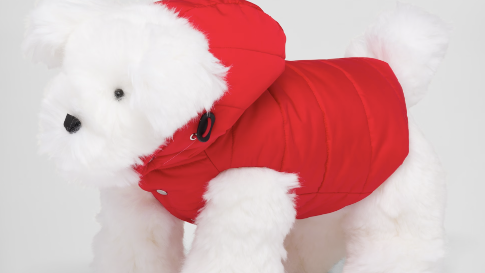 Prada's Re-Nylon puffer dog coat with hood comes in two colors and three sizes, $825 - From Prada