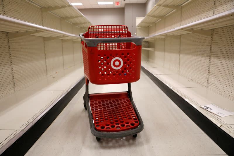 FILE PHOTO: A shopping cart sits in an aisle empty of cleaning products at Target store during the outbreak of coronavirus disease (COVID-19) in New York