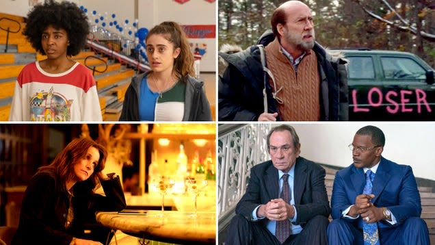 Clockwise L to R: Ayo Edebiri and Rachel Sennott in Bottoms (Image: Orion Pictures), Nicolas Cage in Dream Scenario (Image: A24), Tommy Lee Jones, Jamie Foxx in The Burial (Image: Prime Video), Julia Louis-Dreyfus in You Hurt My Feelings (Image: A24)<br>