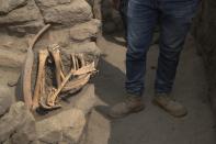 In this Feb. 12, 2020 photo, an archaeologist stands by bones in a ditch dug by natural gas workers who discovered items from a previous Inca culture in the Puente Piedra neighborhood of Lima, Peru. About 300 archaeological finds, some 2,000 years old, have been reported over the past decade during the building of thousands of kilometers (miles) of natural gas pipelines in the capital. (AP Photo/Martin Mejia)