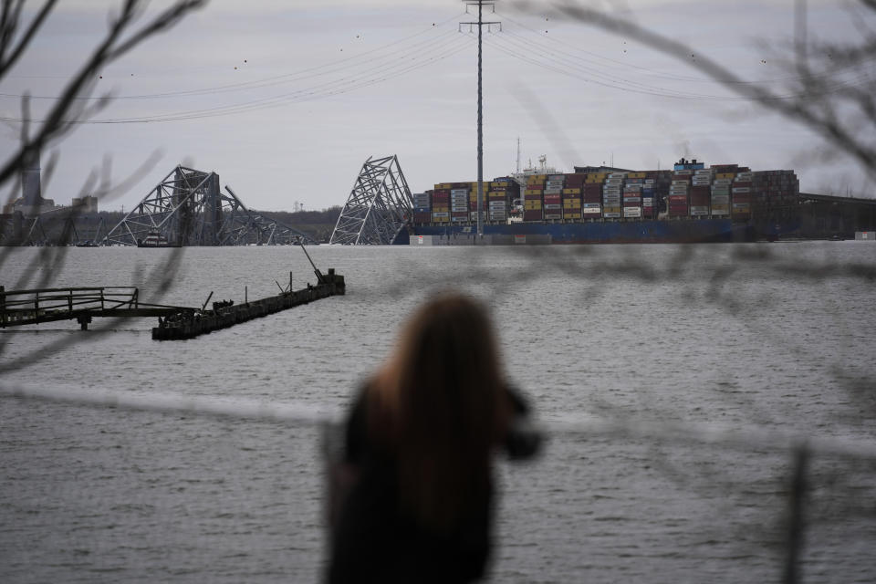FILE - A person views the container ship Dali as it rests against wreckage of the Francis Scott Key Bridge on Tuesday, March 26, 2024, as seen from Dundalk, Md. (AP Photo/Matt Rourke, File)