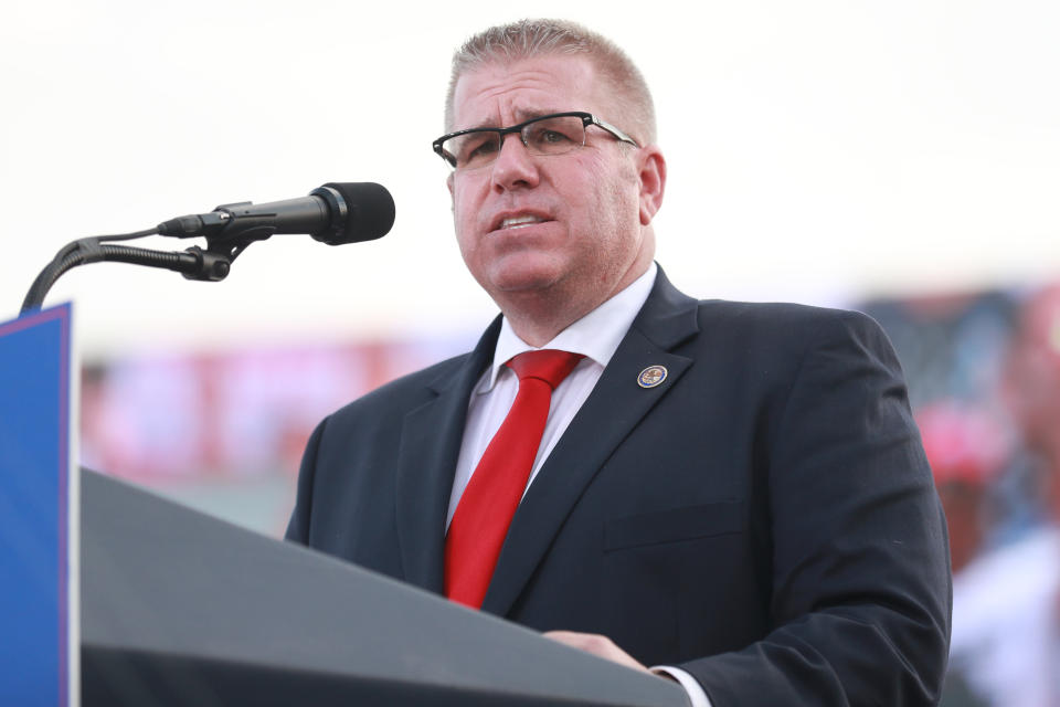 Darren Bailey at a rally in Mendon, Ill., on June 25. 