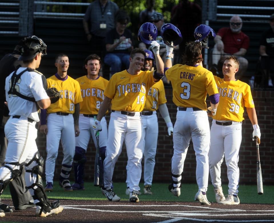 LSU celebrates a first inning homerun by Dylan Crews during their game at Vanderbilt Friday, May 20, 2022; Nashville, Tennessee, United States;  at Hawkins Field. Mandatory Credit: Alan Poizner-The Tennessean