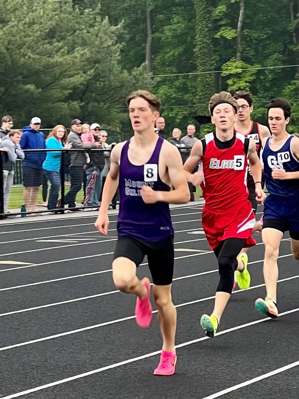 Mount Gilead's Will Baker and Elgin's Ethan Marshall, competing in last weekend's Division III district track meet in Granville in the 1600 meters, both earned state spots as part of the 4x800 boys relays at their respective schools during Wednesday's regional in Heath.