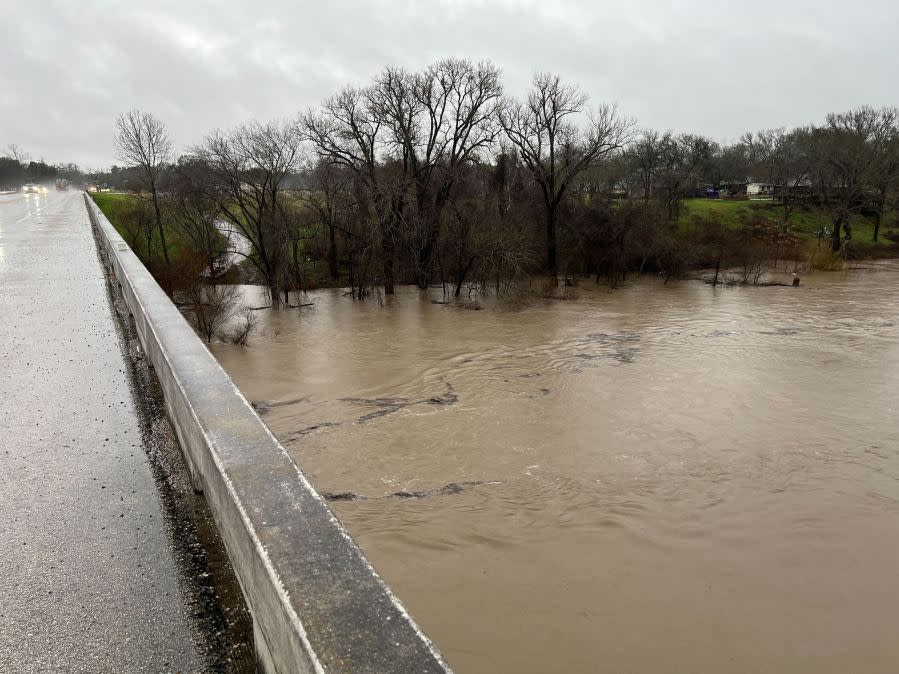 View of the Colorado River from Highway 77 in La Grange after heavy rains moved through Fayette County on Jan. 24, 2023. (KXAN Photo/Todd Bailey)