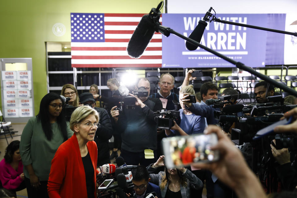 Democratic presidential candidate Sen. Elizabeth Warren, D-Mass., speaks with members of the media during a campaign event, Sunday, Jan. 26, 2020, in Cedar Rapids, Iowa. (AP Photo/Matt Rourke)