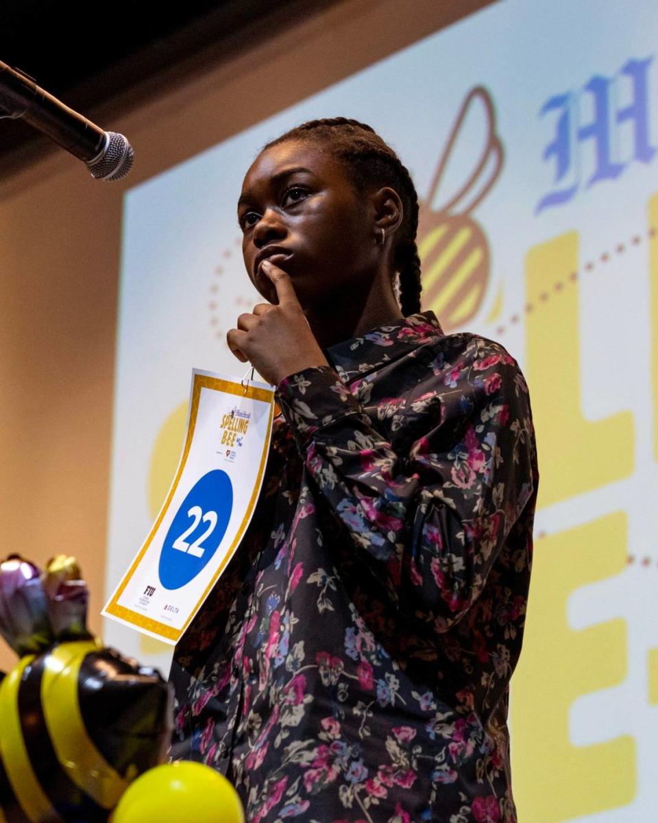 Seventh grader Dahana Destinoble from Sunrise Middle School spells during the 4th round of the Miami Herald Broward County Spelling Bee at NSU Art Museum in Fort Lauderdale, Florida on Thursday, March 7, 2024. D.A. Varela/dvarela@miamiherald.com