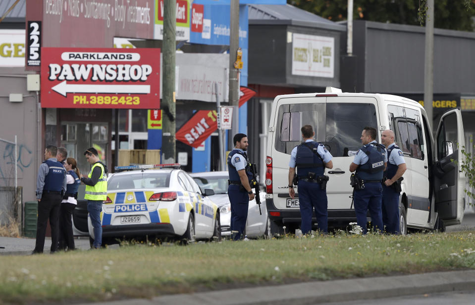 Police stand outside a mosque in Linwood, Christchurch, New Zealand, Friday, March 15, 2019. (Photo: Mark Baker/AP)