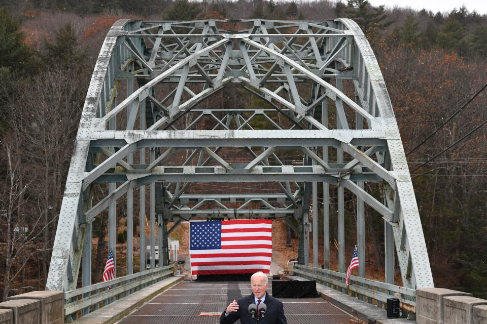 US President Joe Biden speaks on infrastructure at the NH 175 bridge over the Pemigewasset River in Woodstock, New Hampshire on November 16, 2021. (Photo by MANDEL NGAN / AFP) (Photo by MANDEL NGAN/AFP via Getty Images)